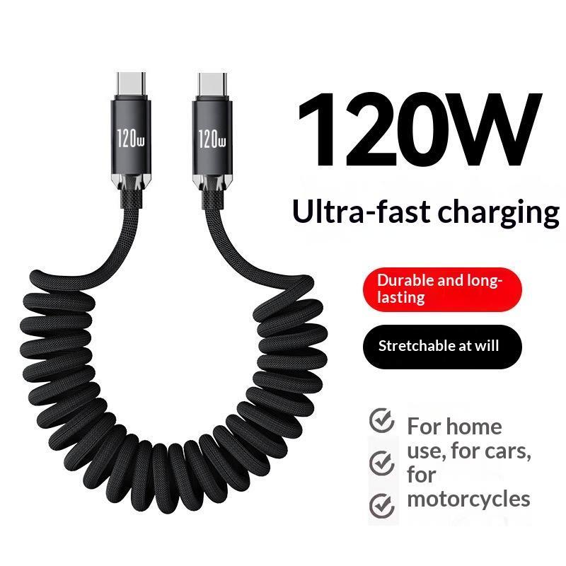 120W Car Type C To Usb C Fast Charging For Phone Usb A To Type C Spring Telescopic Cable For Car Travel Office Use