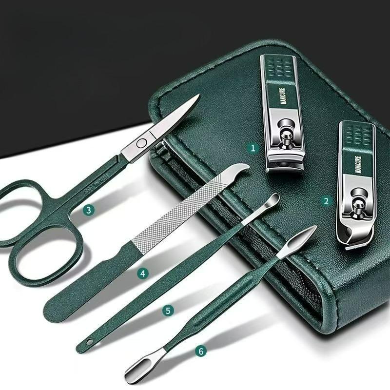 6 Pcs Portable Nail Scissors Sets Carbon Steel Green Black Nail Clippers Scissors File Manicure Beauty Tools Kit Full Function