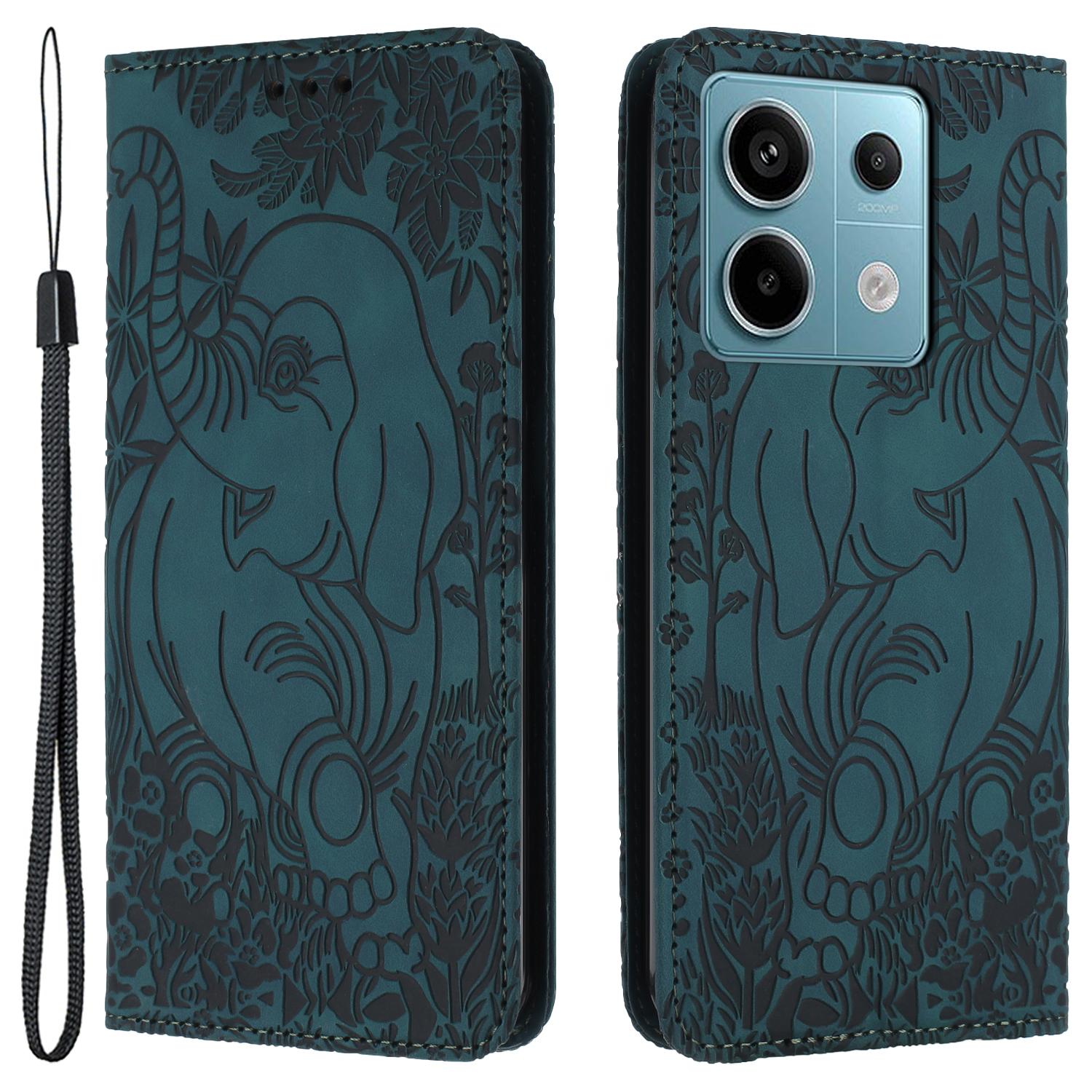

For Xiaomi Redmi Note 13 5G Leather Case Elephant Pattern Wallet Phone Cover Green
