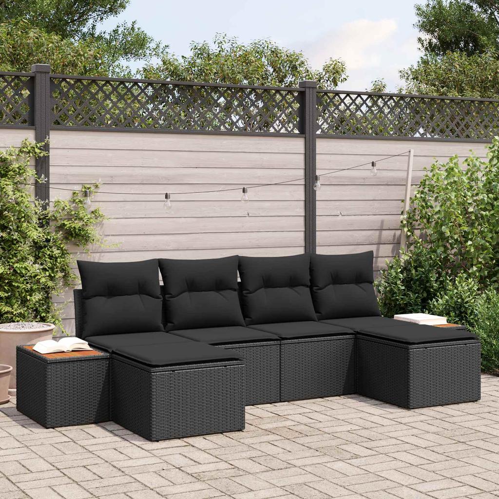 Garden Sofa Set with Cushions 6 Pcs Black Poly Rattan