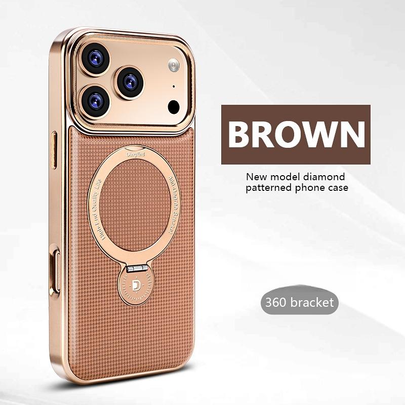 

Diamond Pattern Leather Phone Case for IPhone 16 Pro Max 17 Air 16Plus 15 Pro 14 13 12 Magnetic Charging Rotating Bracket Shell iPhone17 Pro темно-коричневого кольору