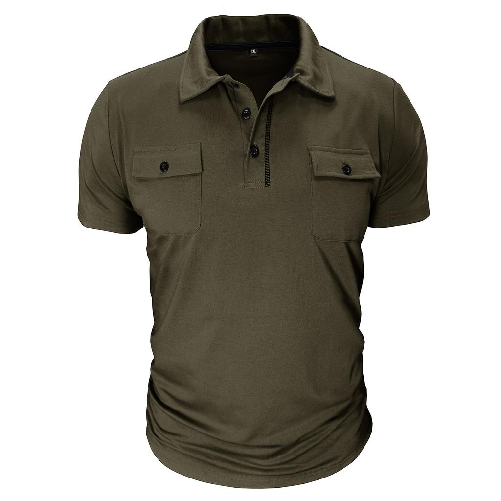 Men's Casual Short Sleeve Work Shirt Slim Fit Polo Style with Dual Chest Pockets Button and Zipper Closure Lightweight Fabric