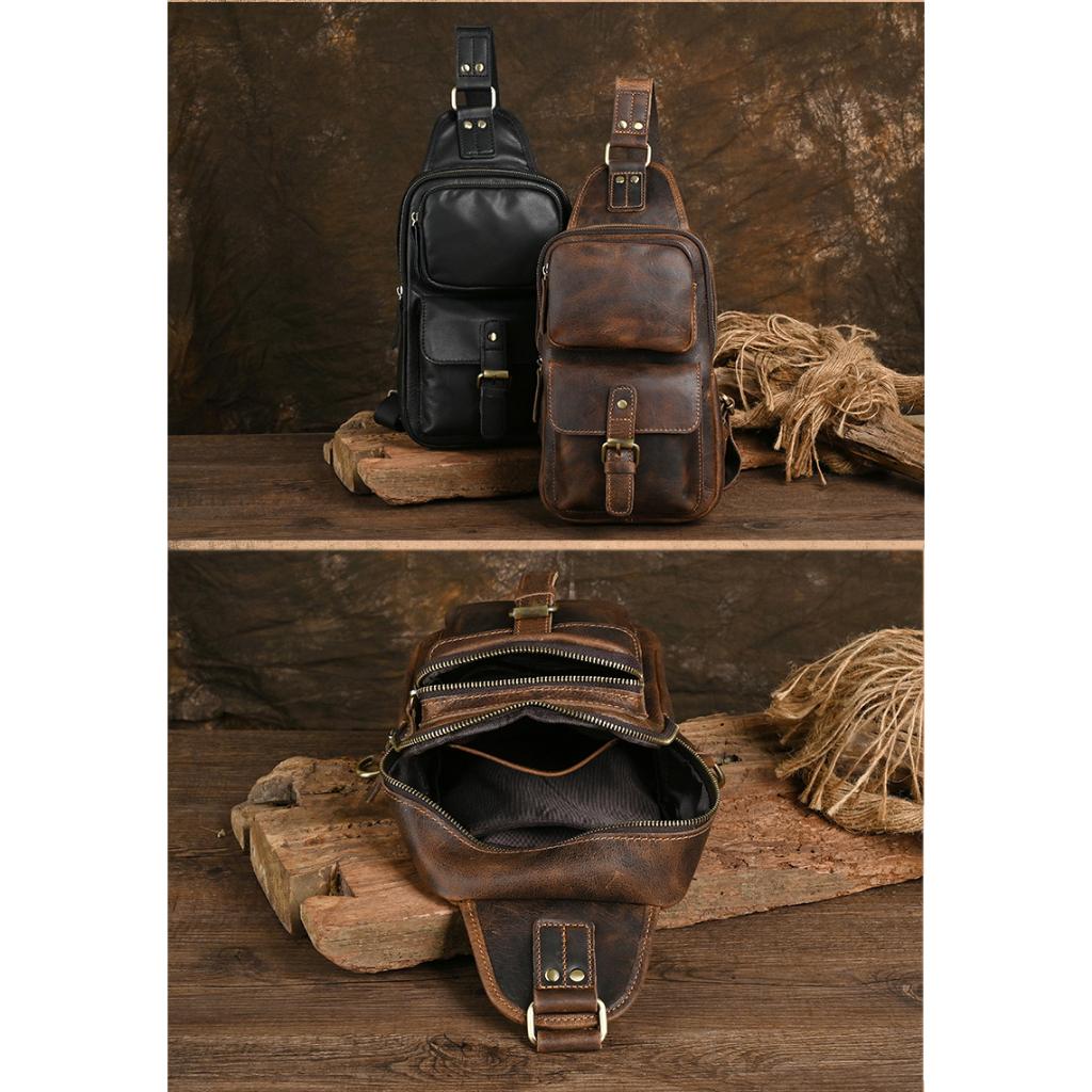 2025 Men's Crazy Horse Cowhide Chest Bag Large Capacity Retro Versatile Shoulder Messenger Bag Durable Leisure Travel Pouch for Outdoor Daily Use