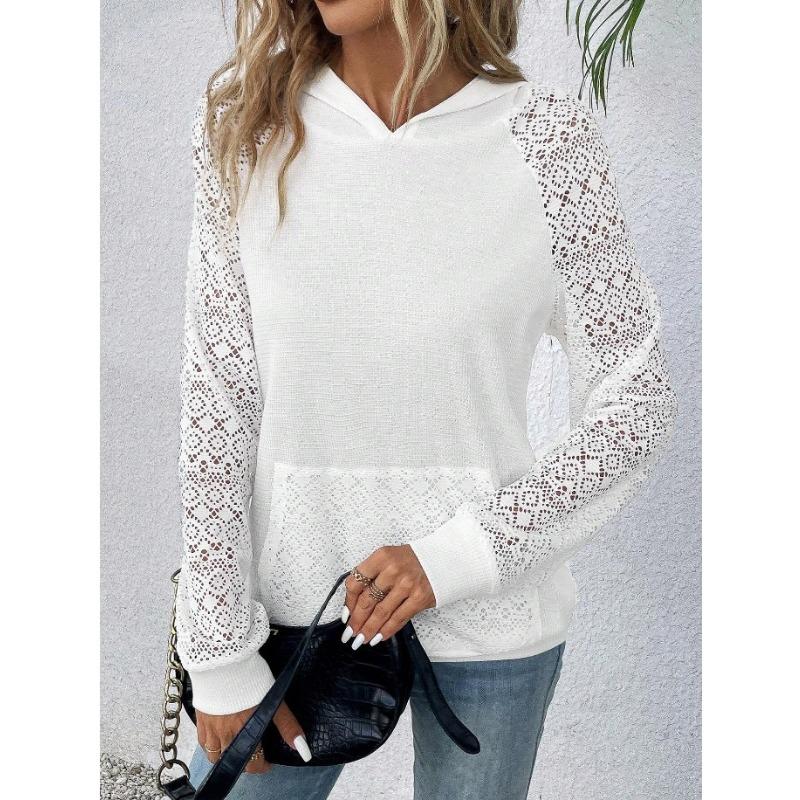 Sommer frauen Spitze Waffel Plaid Patchwork Hoodie Casual Sweatshirt Hoodies & Sweatshirts frauen