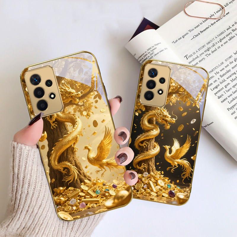 Goldener Drache sich windend Für Samsung A 01 52S A04 A05S A10 A12 A13 22 23 24 36 42 M02 Note 10 20Ultra 8 9 Goldene Glas-Handyhülle