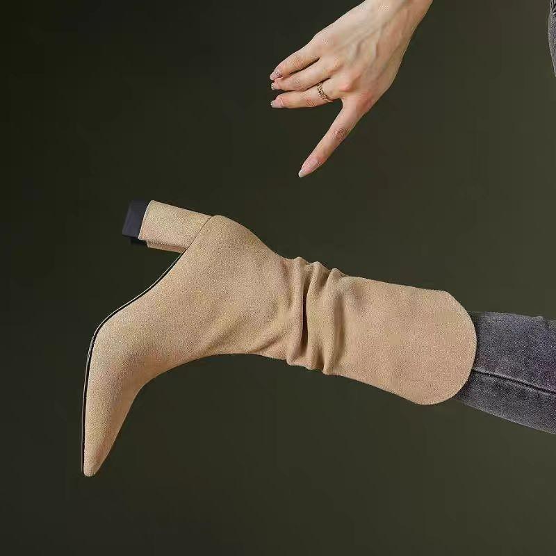 Fashion 2024 Autumn/Winter New French Style Suede Elastic Skinny Boots Not Over Knee Knight Middle Heel Thick Heel Women's Boots
