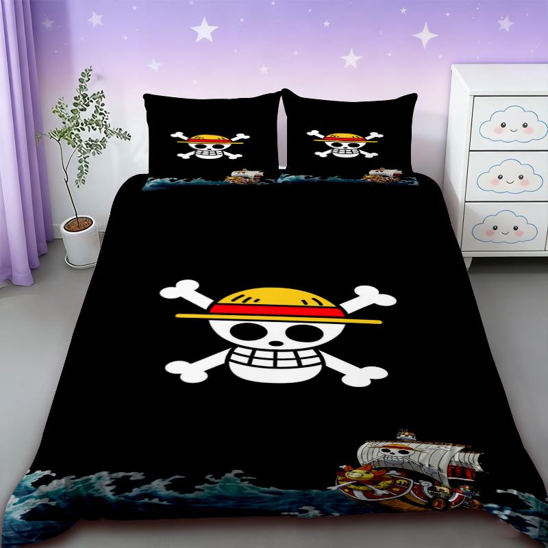 Duvet Cover One Piece Kids Cartoon Luffy Bedding Set with 2 Pillowcases Soft and Cozy Bedroom Bed Decor Teens Boys Gifts