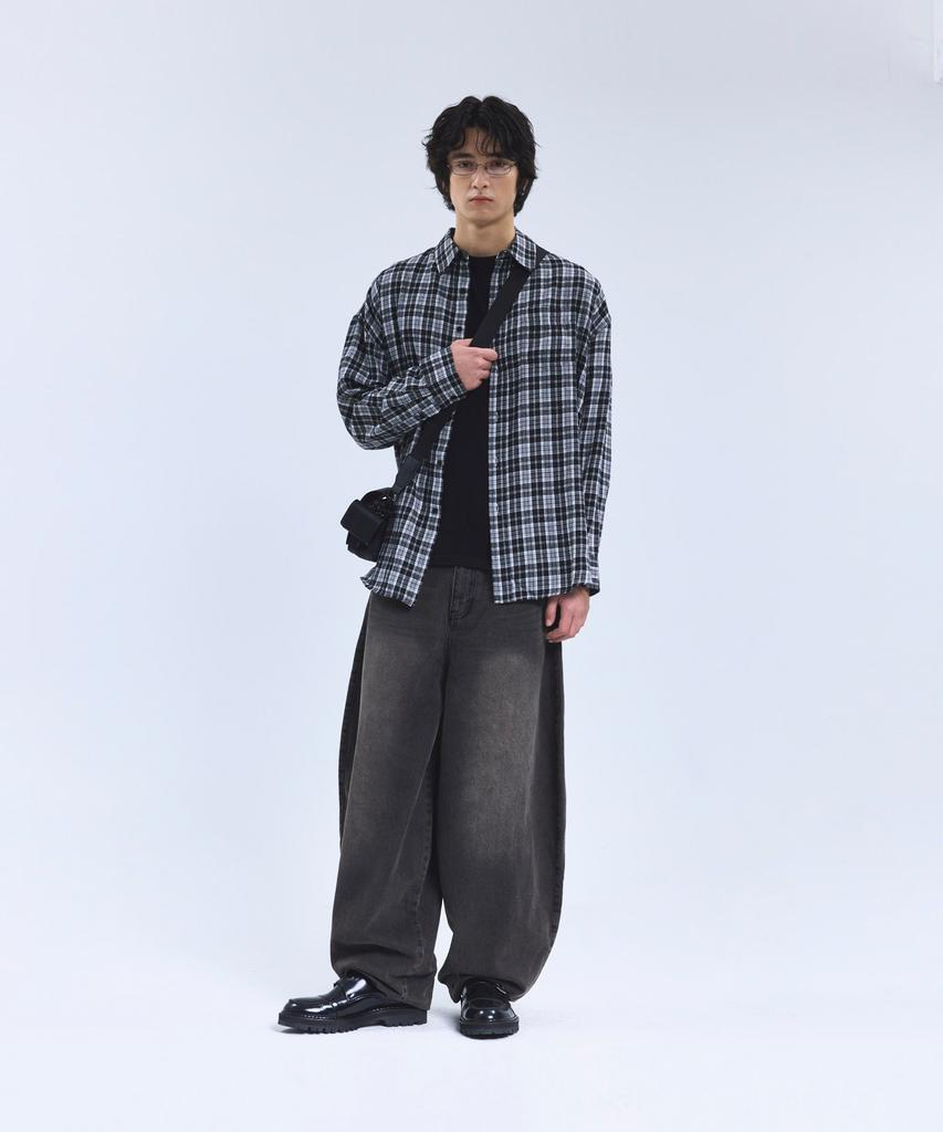 STANDARDERROR 87-Stan130 Nerd Mood Oversized Pocket Long Sleeve Check Shirt Black