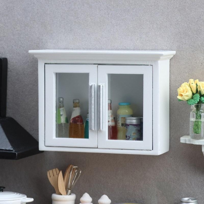 1/12 Doll House Miniature Kitchen Wall Cabinet with Smoothly Wood For Scene Setting Doll House Landscape Accessories