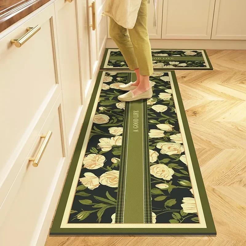 Kitchen Carpet PVC Leather Waterproof Floor Mat Non-slip Oil Proof Foot Mats Long Rug Green Flower Home Decoration Rugs 