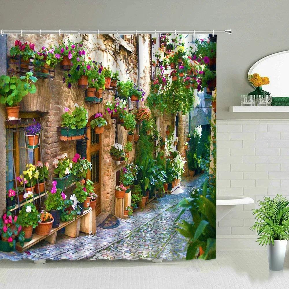Street Building Scenery Shower Curtain Flower Plant Retro Old Door Summer Rural Landscape Bathroom Curtain Background Wall Dec