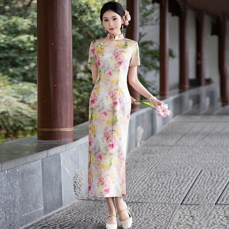 Long Chinese-style Qipao Dress Women 2026 Retro Elegant Daily Wear With Stand Collar Side Slit Small
