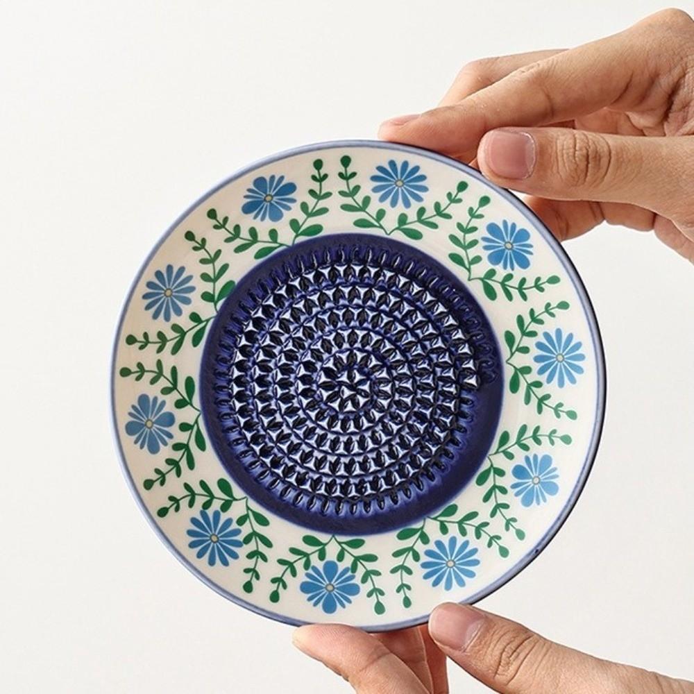 Manual Garlic Sauce Bowl Textured Raised Glazed Floral Painted Ginger Grating Plate with Cleaning Brush Handcrafted