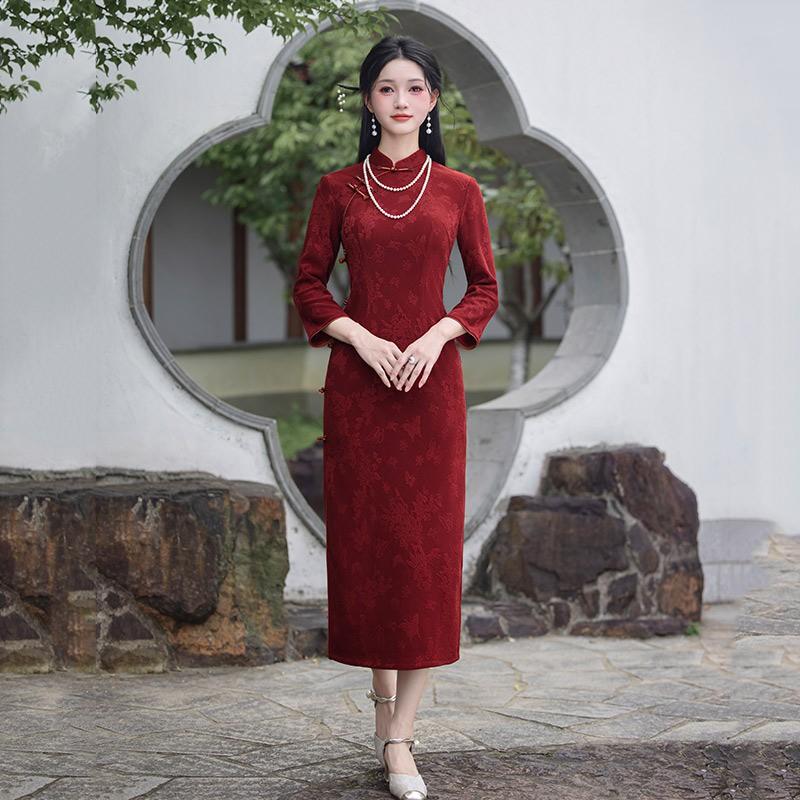 Long Sleeve Knit Jacquard Cheongsam Dress Women Vintage Style High Neck Retro Elegant Midi Maxi Small