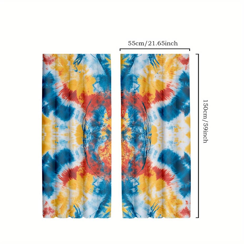 2pcs Vibrant Tie-Dye Blackout Curtains, Boho Hippie Spiral Art Design, Semi-Transparent Polyester - Colorful Red/Blue/Yellow Pat