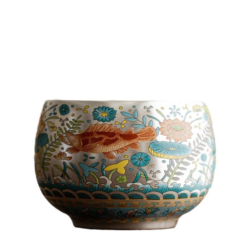 Chiyo Fish Algae Pattern ******lver Master Cup Teacup Ceramic Silver Plated Teacup Enamel Color Large Capacity Tea Bowl Single Cup Tea Cup