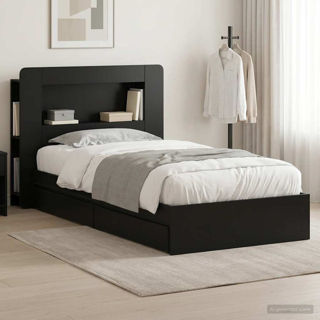 Bed Frame with Storage Space Black 75 X 190 Cm Engineered Wood