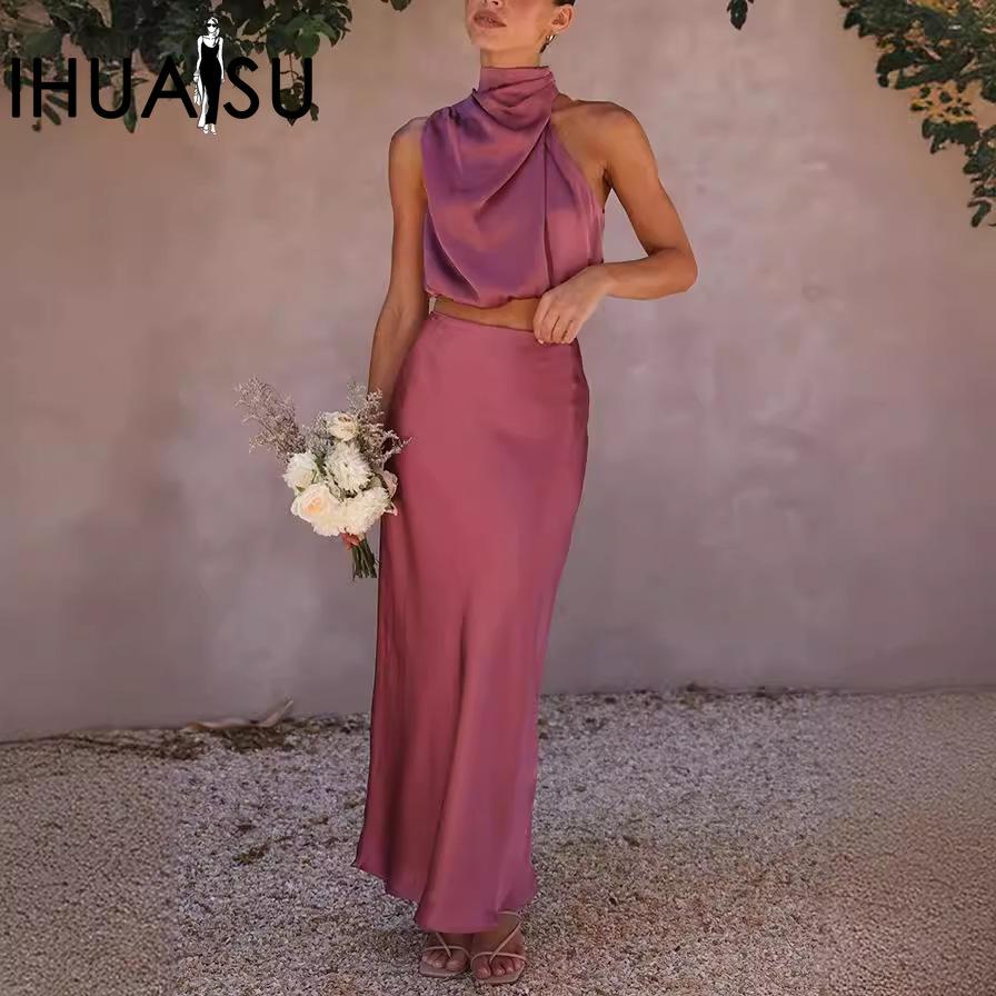 IHUASU Spring Summer Satin Multi-color Slim-fit Casual Two-piece Suit
