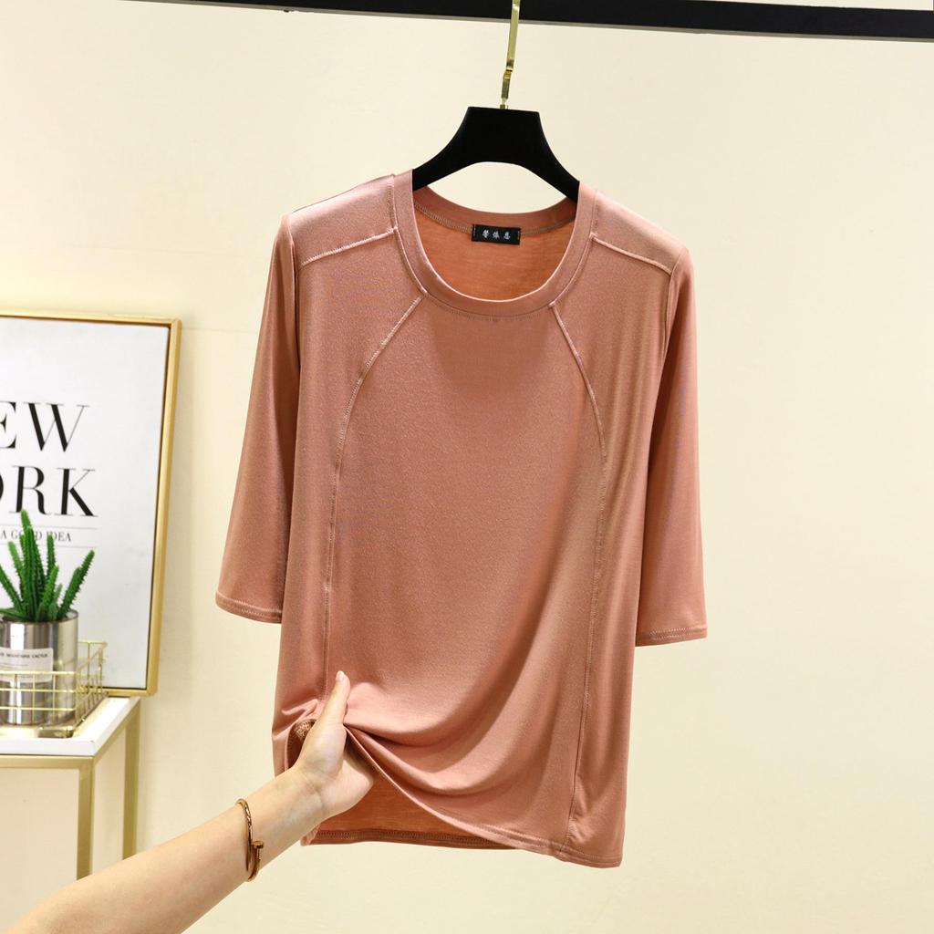 Modal Spliced O-neck T-shirt Half Sleeves Solid Color Women Base Layer Top Slimming Undershirts Basic Tee Tops All Match