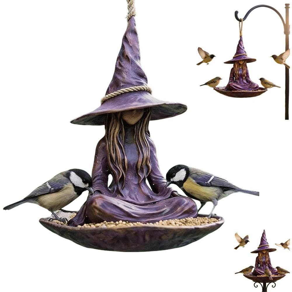 Meditating Witch Garden Bird Feeder, Unique Purple Resin Witch Hat Statue with Rope Hanger, Whimsical Witch Statue Feeder Outdoor Decor