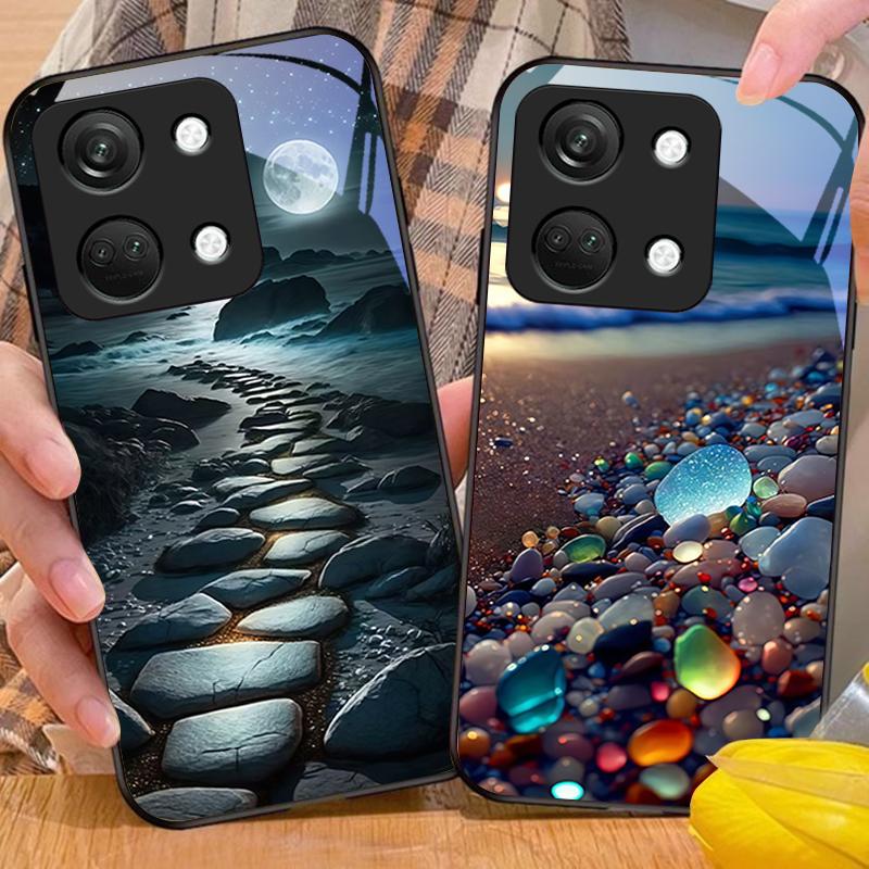Świecący Kamień Światło Dla OnePlus Nord 3 5 6T 7 Pro 8 12 10T Reno8 Lite 5G 10R Nord N30 Twarda Skorupa Szkło Hartowane Etui na Telefon Czarny
