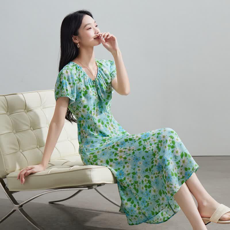 SOFSIL 2026 Summer French Floral Silk V-Neck Maxi Dress M