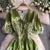 Summer Women Printed Dress V-neck Lace-up Short Sleeved Pleated A-line American Casual Fashion Elegant Female Dresses