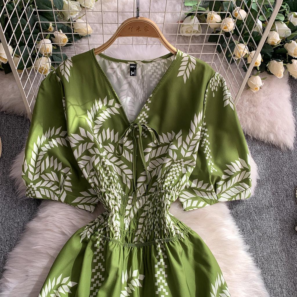 Summer Women Printed Dress V-neck Lace-up Short Sleeved Pleated A-line American Casual Fashion Elegant Female Dresses