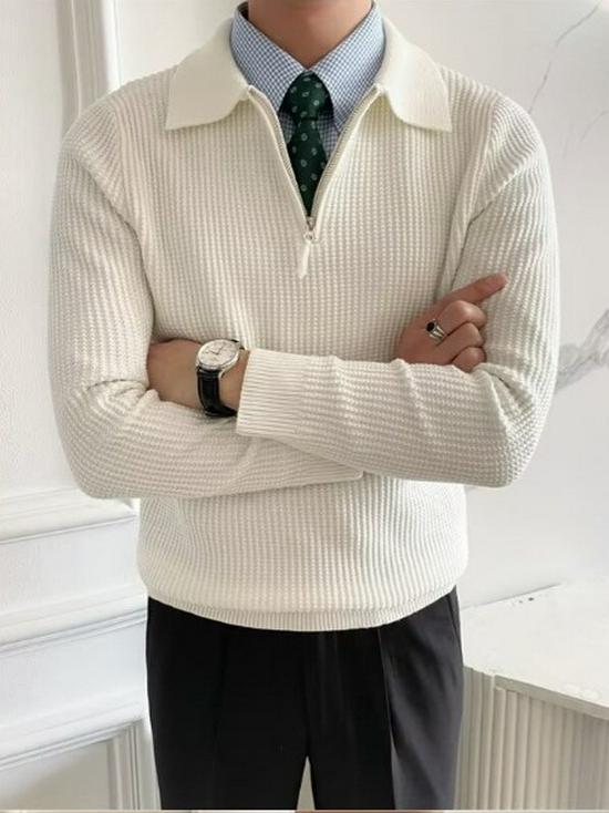 Men's Autumn/Winter Half-Zip Ribbed Knit Polo Sweater