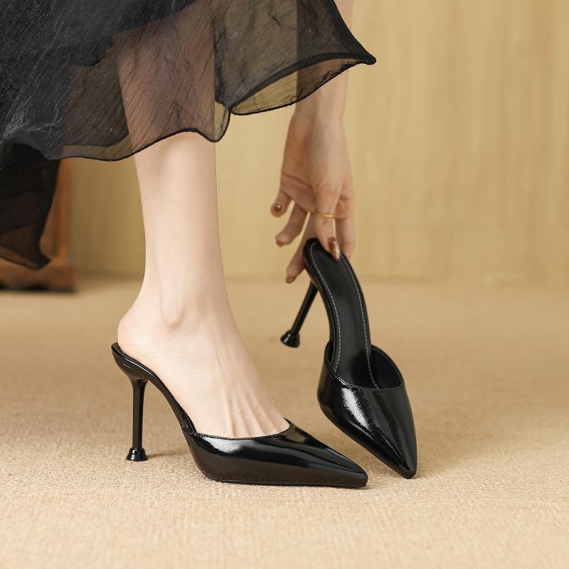 Spring and Autumn thin heels pointed temperament versatile slippers high heels leather surface simple daily lazy shoes women's shoes