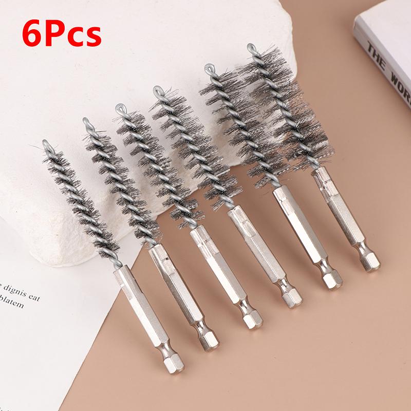 6 Pcs Stainless Steel Pipe Cleaning Brush Set 1/4" Hexagonal Bar Twisted Wire Hole Brush Cleaning Brush Bristle Wire Brush Hole