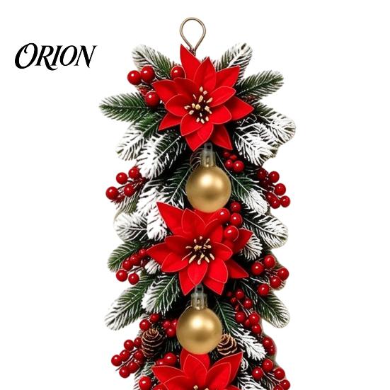 Festive Snowy Pine Needle Swag Holiday Entrance Wall Ornament, Red Poinsettia Berry Decor, Natural Decor Cone Hanging Swag, Needles Scandinavian Home