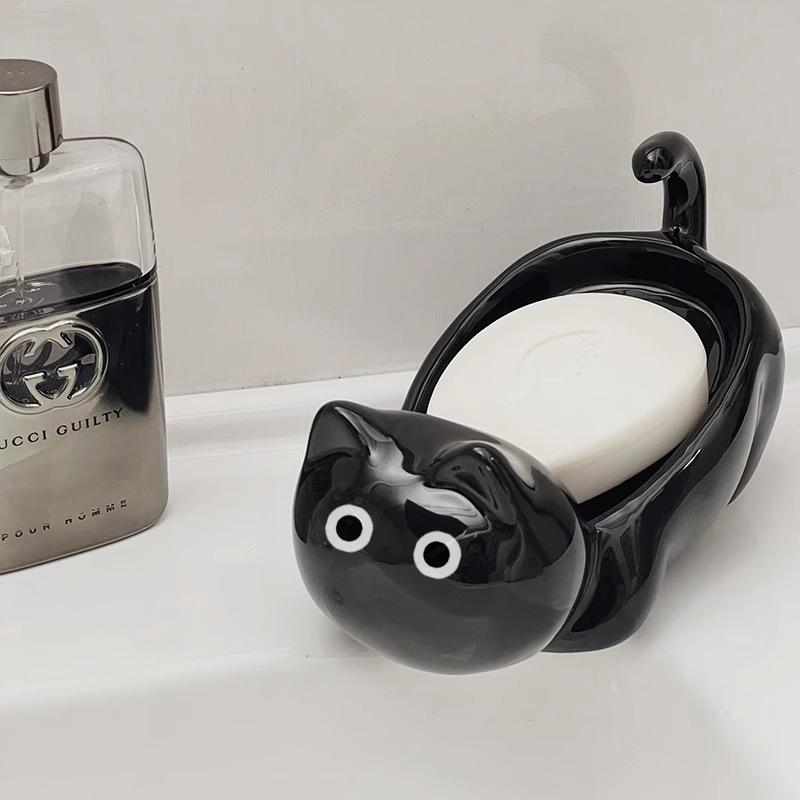 Siamese Cat Ceramic Soap Box, Simplicity, Household Creative, Cute Cartoon, Perforation-Free, Small Art Drain Dish