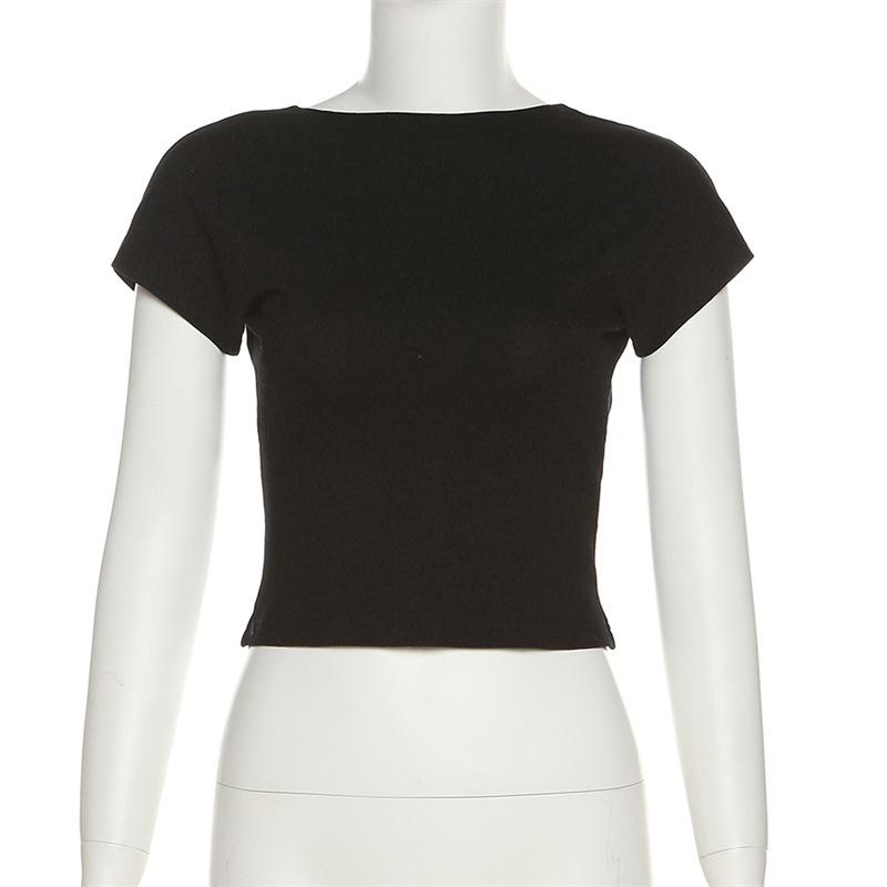 Women's O-neck Backless T-shirt Short Sleeve Solid Color Crop Top Summer Cute Baby Tee Y2k Clothes Bodycon Tunics Fashion Tank