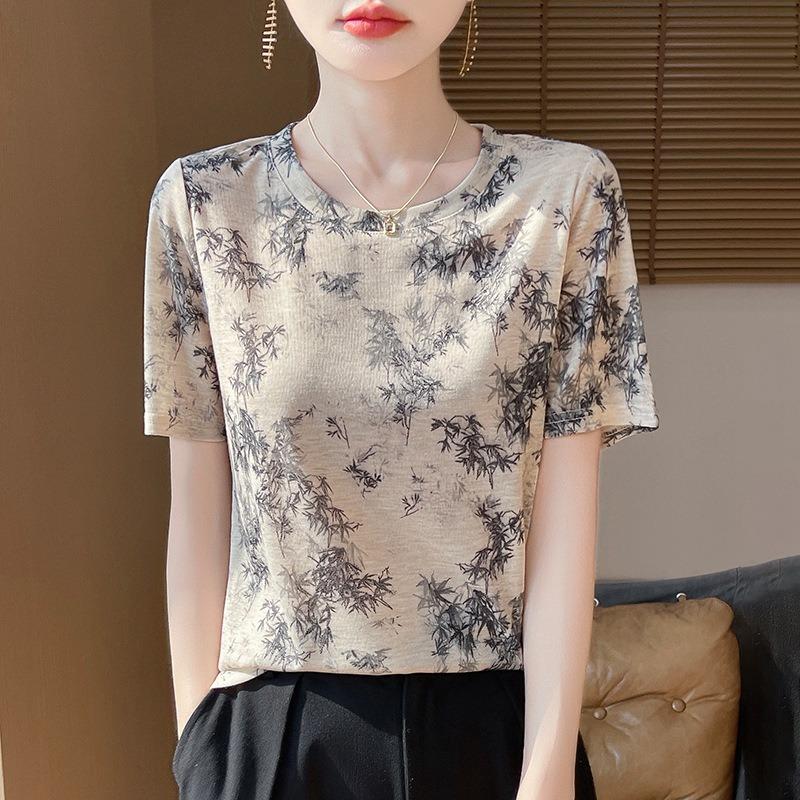 Women's New Summer Tie-dye Ink Painting Short-sleeved Casual Versatile Thin Positive Shoulder Round Neck T-shirt