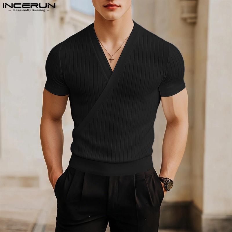 INCERUN Men V Neck Short Sleeve Solid Color Casual Fitted Rib T-shirts