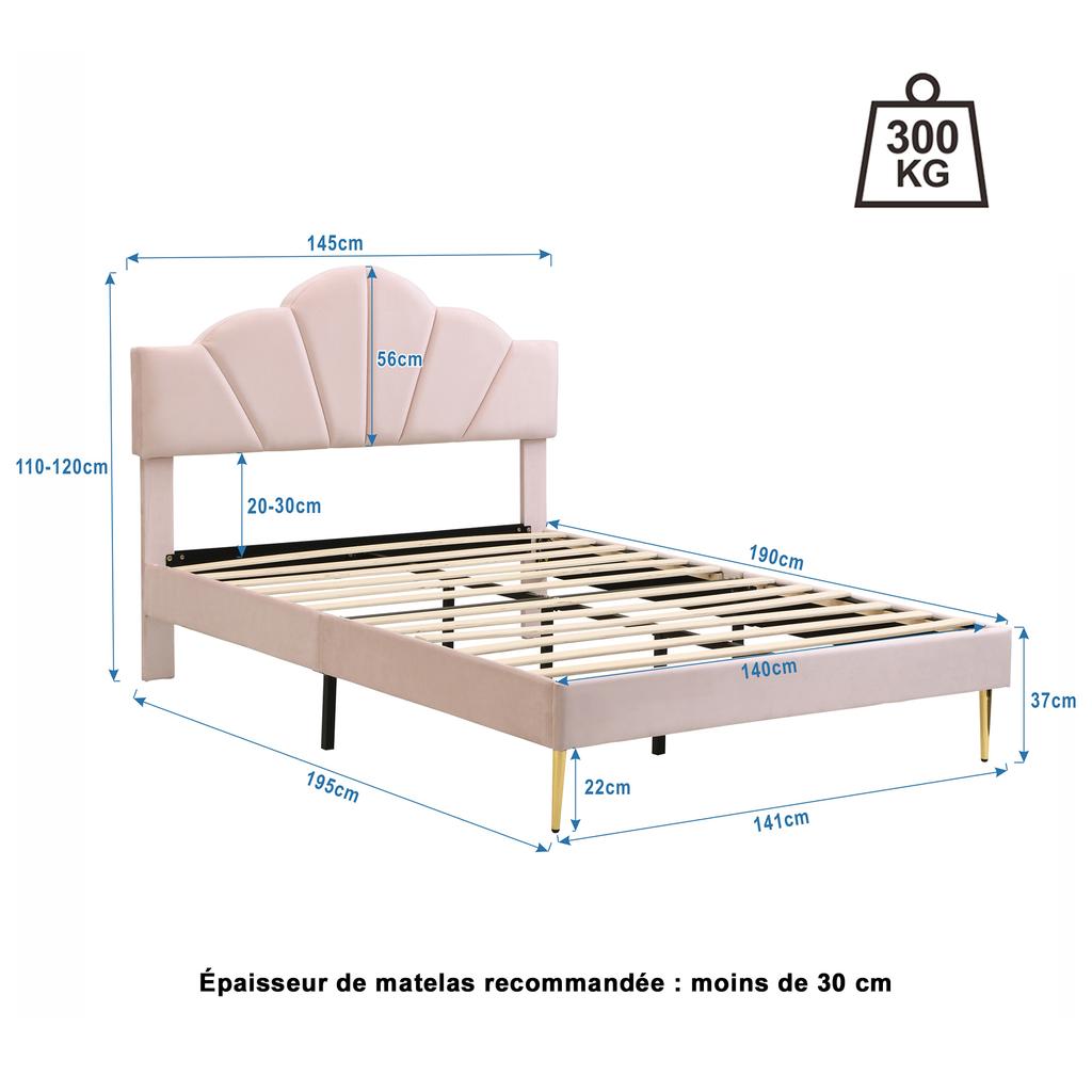 Velvet, upholstered bed, 140*190 cm, double bed, shell-shaped bed with gold iron legs, height-adjustable headboard, wooden slatted base, pink