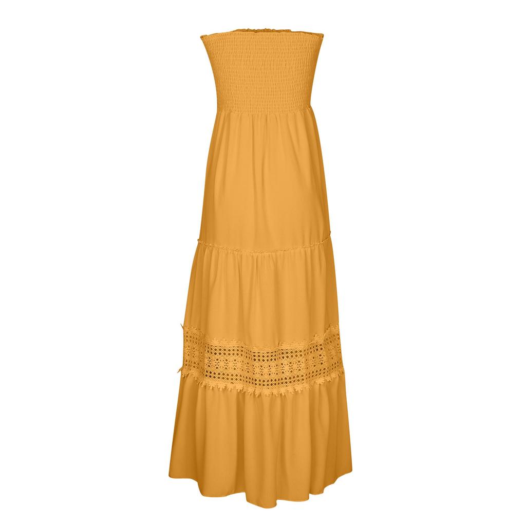IHUASU Dames Lange Mouwloze Vintage Boho Getailleerde Jurk in Effen Kleur met Strapless Gestikte Zoom