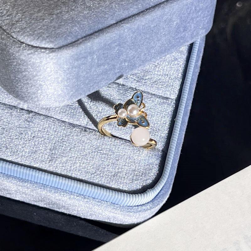 Sweet‑Cool Court‑Style Index‑Finger Ring Gilt Pearlescent New‑Chinese Lake‑Blue Enamel Flower Adjustable Fashion Ring