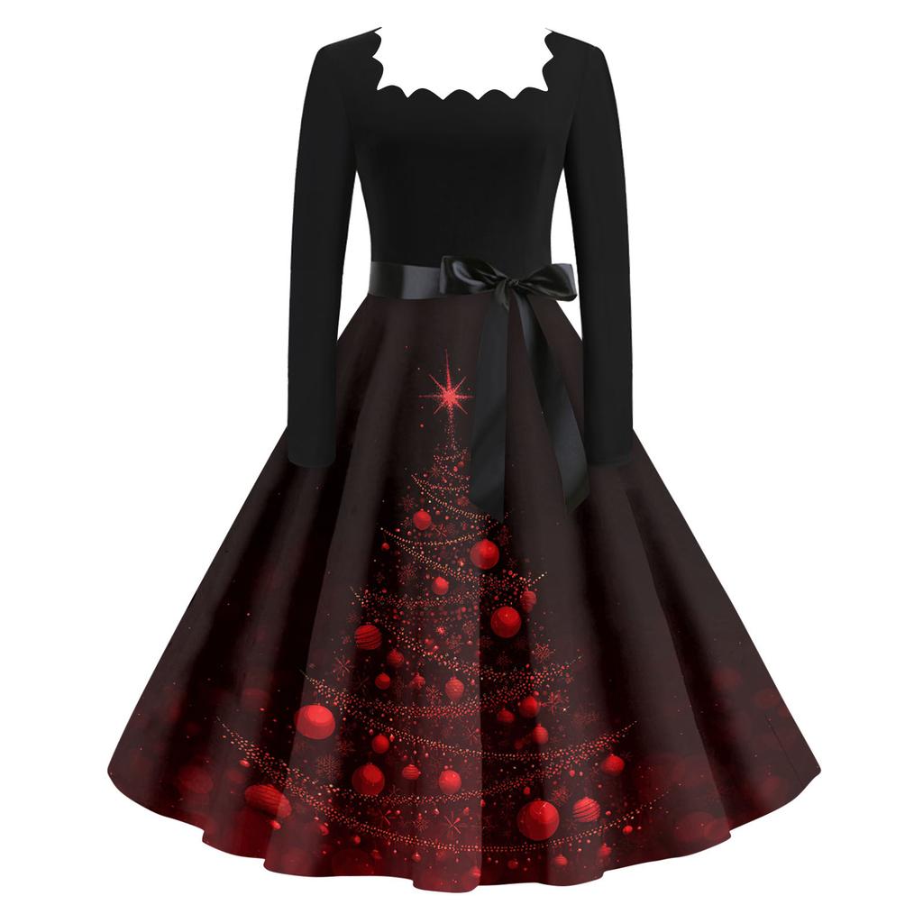 Women's Casual Fashion V Neck Christmas Printed Vintage Dress