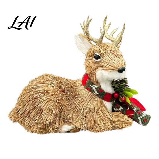 Forest Atmosphere Party Supplies Handmade Straw Deer/Squirrel Christmas Ornaments with Scarf Retro Pastoral Style Handcrafted Seasonal Gift