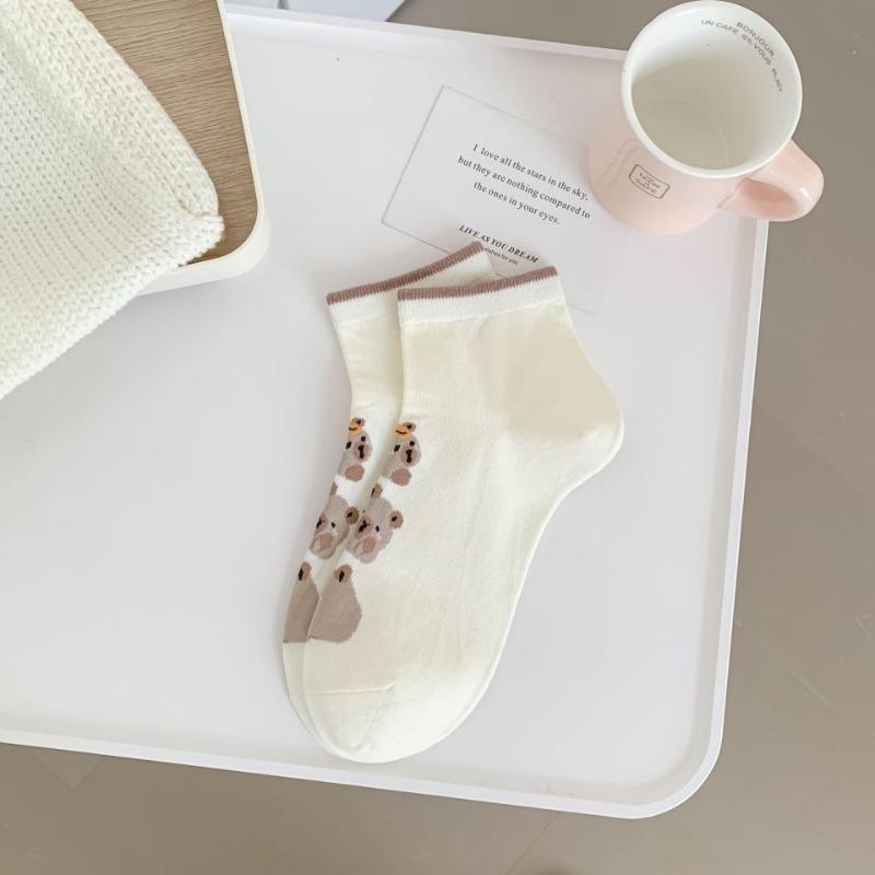 Ladies Spring and Summer Thin Style All with Bear Cartoon Cute Student Low Top Short Boat Socks