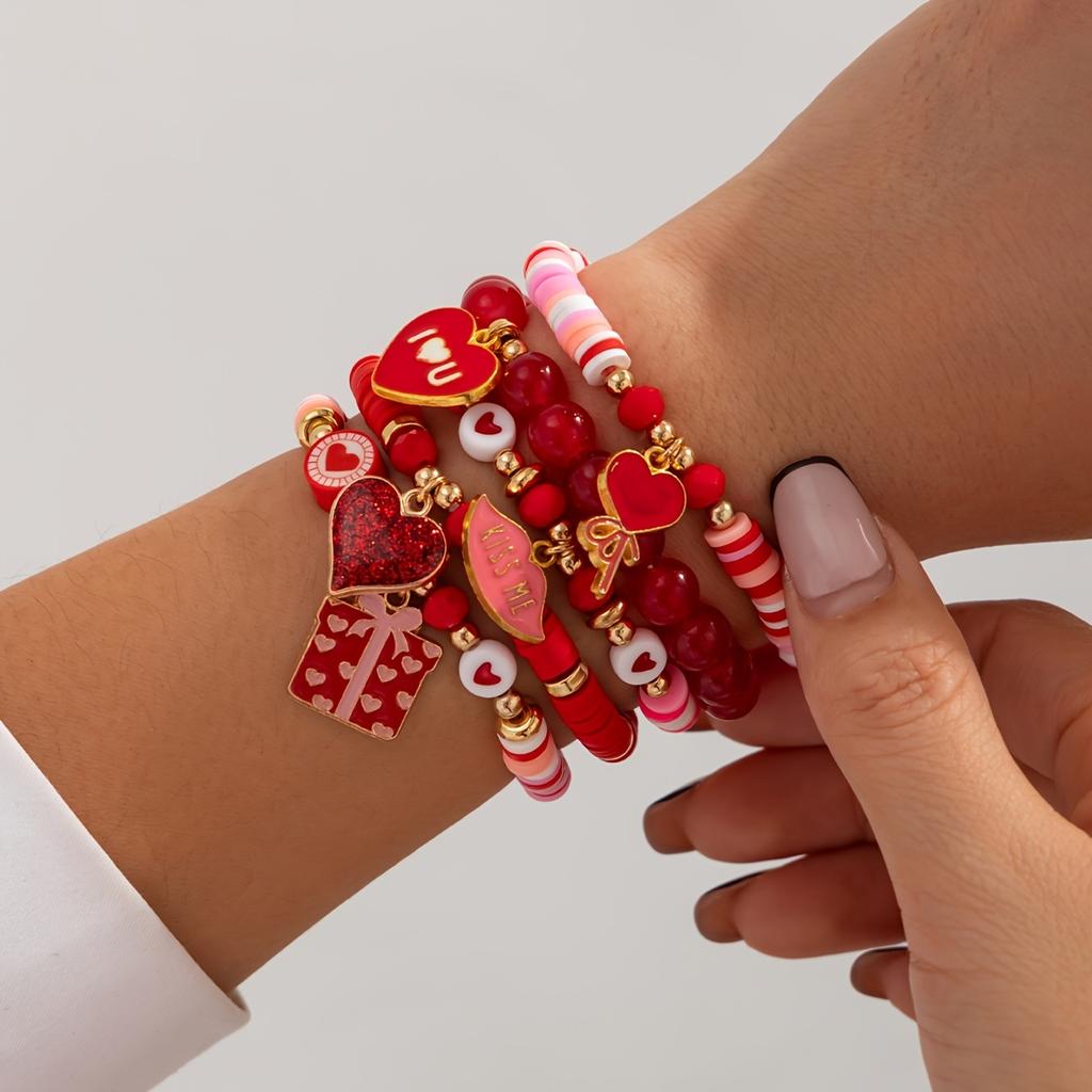 5pcs Valentine's Day Soft Clay Bead & Heart Charm Bracelets - Elastic Stretch Beads, Love Token Gift for Couples,Year-Round Wear