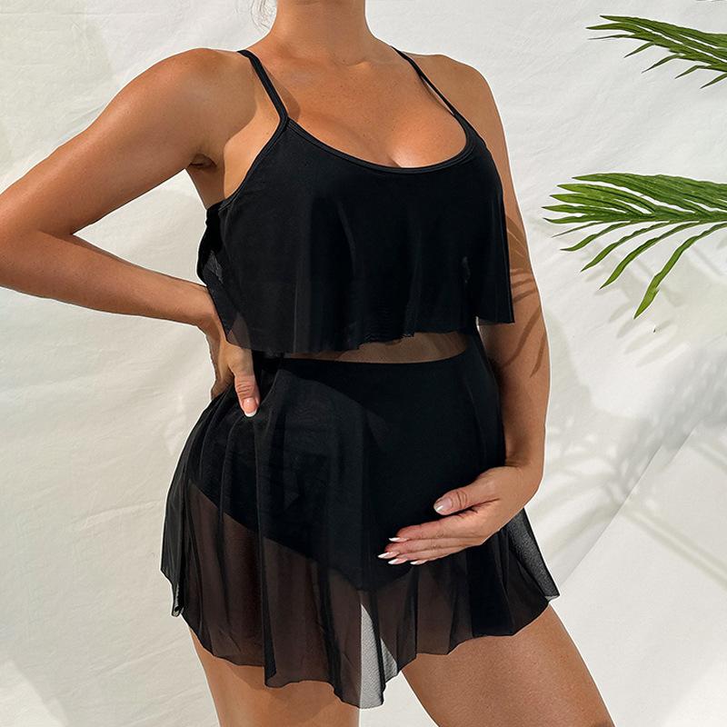 Solid Color Loose Belly Covering Pregnant Women's Split Swimsuit Two-piece Suspender Swimsuit Beachwear Bathing Suits
