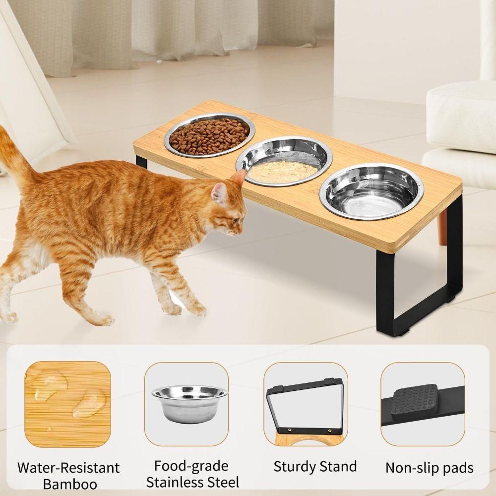 Non Slip Wood Pet Feeder Anti-Vomiting Anti-Leak Dog Water Feeding Dish 3 Bowls Stainless Steel Bowls Cat Bowl Stand Indoor Use