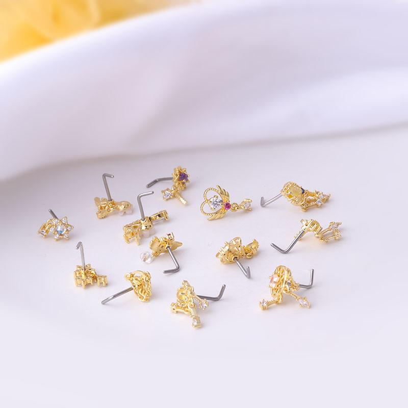 1Piece Fashion L Shaped Dangle Nose Studs Piercing 20G Stainless Steel Flower Moon Tassels Zircon Nostril Screw Piercing Jewelry