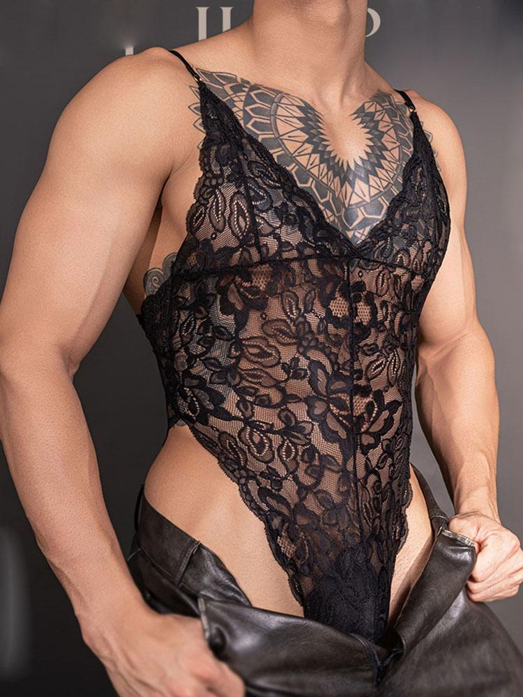 Sexy Men'S Lace Onesies Buckle Open Crotch Spaghetti Strap Bodysuit Tops Sissy Leotard Man Backless Tights See Through Allure