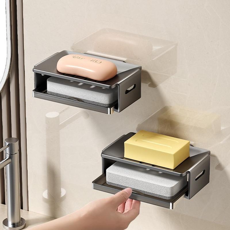 Wall-Mounted Bathroom Punch-Free Household Soap Box Space Aluminum Sponge Rack Washable Storage Rack Soap Drain Box Soap Holder