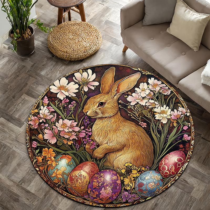 Vintage Rabbit Round Rug Non-Slip Machine Washable Floor Mat 2D Flat Soft Area Rug for Bedroom Easter Decor Gift