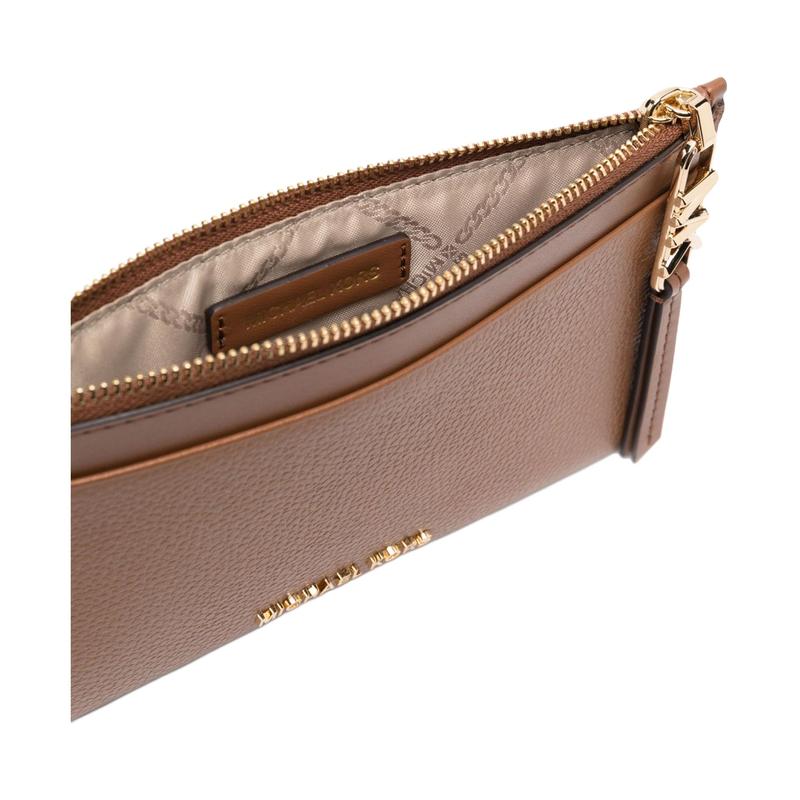 Michael Kors Empire Gold Logo Plates Top Zipper Closure Calfskin Wallet Women's Light Brown